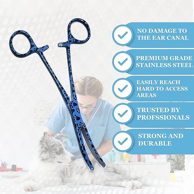 Dog Pet Ear/Nose Hair Puller Grooming Hemostat Locking Forceps Curved Pliers, 5.5" (14cm) Full Serrated Clamps Stainless Steel (Blue Paws)