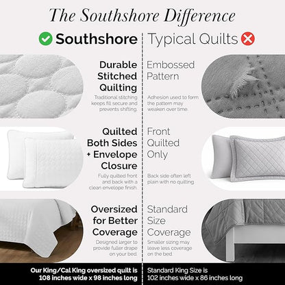 Southshore Fine Living, Inc. King Size White Quilt Bedding Set with 2 Pillow Shams, Quilted Summer Comforter, King Size, Light Weight Bedspread, California/King Quilt Coverlet, Bright White