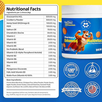 Enhanced Multivitachew – Dog Supplies Multivitamin Soft Chews with Glucosamine for Dogs – Supports Joints, Skin, Coat & Digestion – Dog Vitamins & Omega, Probiotics – 120 Bacon Chews