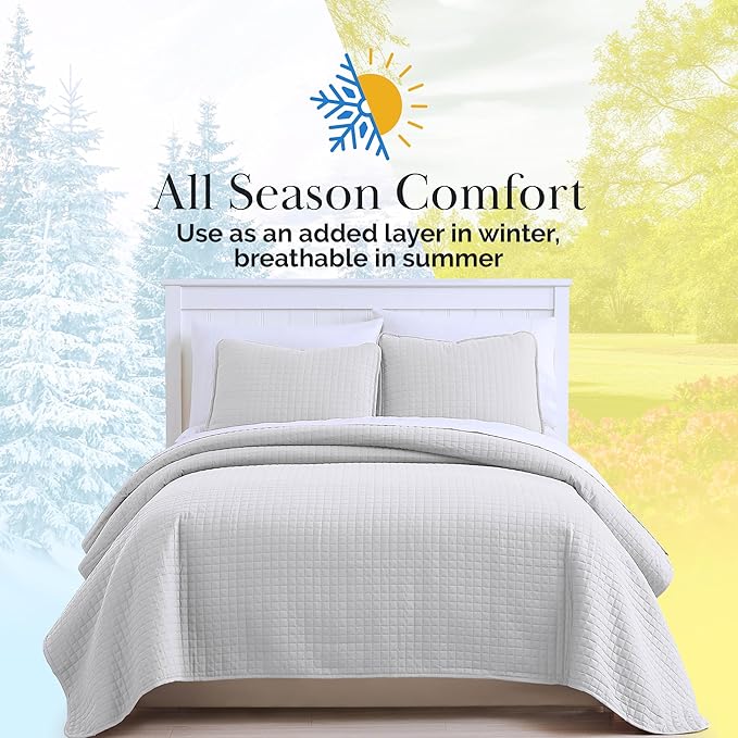 Southshore Fine Living, Inc. Queen Quilt Set, Full Size Bedspread with 2 Matching Pillow Shams, Soft Microfiber Lightweight Quilts, Queen Size Coverlet, Easy Care Quilted Bedding, Light Grey Quilt