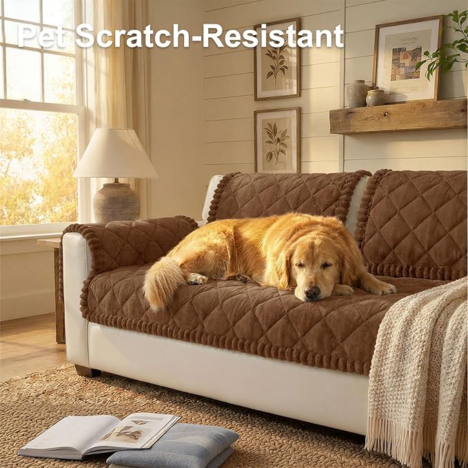 Smiry Fuzzy Couch Cover for Dogs, Non Slip Washable Pet Sofa Cover, Scratch Proof Hair Resistant Plush Sofa Slipcover, Pet Friendly Couch Cushion Protector for Cat, Brown, 27.6" x 70.9"