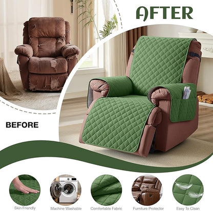 KinCam 100% Waterproof Recliner Chair Cover, Reclining Couch Covers for Pets, Dogs, Recliner Sofa Slipcover Furniture Protector with Elastic Straps for Kids(23.6", Vine Green)