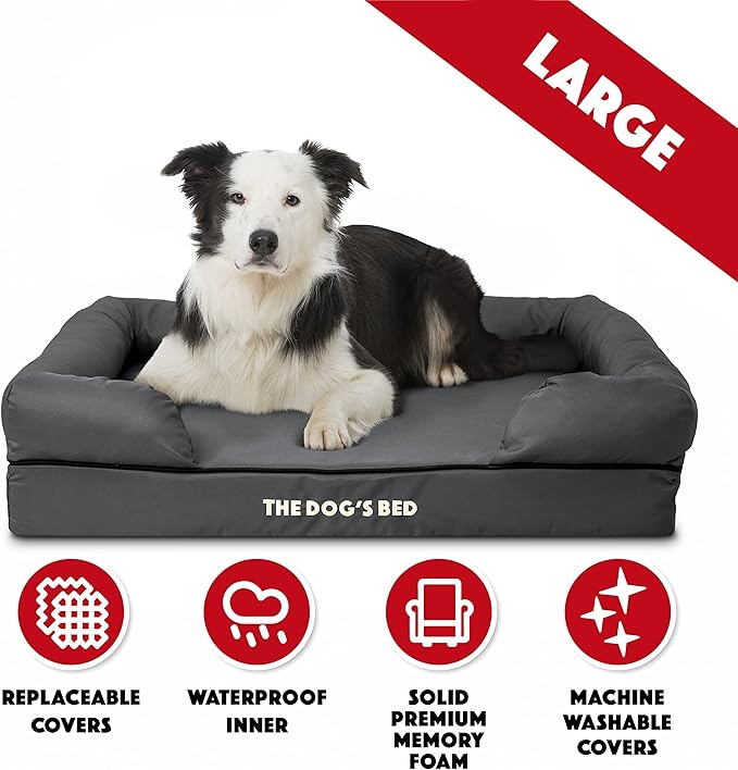 The Dog’s Bed Orthopedic Memory Foam Dog Bed with Bolsters for Large Dogs, High Density Support Mattress, Low Front Entry, Removable Washable Cover, Oxford Fabric, Grey with Black Trim, Large