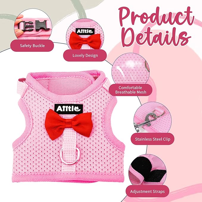AIITLE Bunny Harness and Leash Set with Cute Bow, Soft Breathable Mesh Vest Harness for Rabbits Kitten Ferret Small Pig Puppy Walking Supplies Pink M