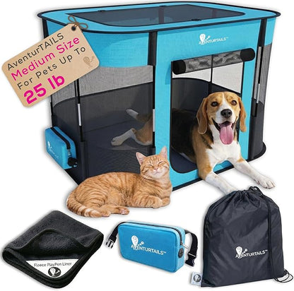 Portable Foldable Dog & Cat Playpen - Indoor Outdoor Travel - Medium Collapsible Pet Play Pen for Small Dogs, Puppies & Kittens - Lightweight Enclosure with Breathable Mesh, Fleece Liner & Carry Bag