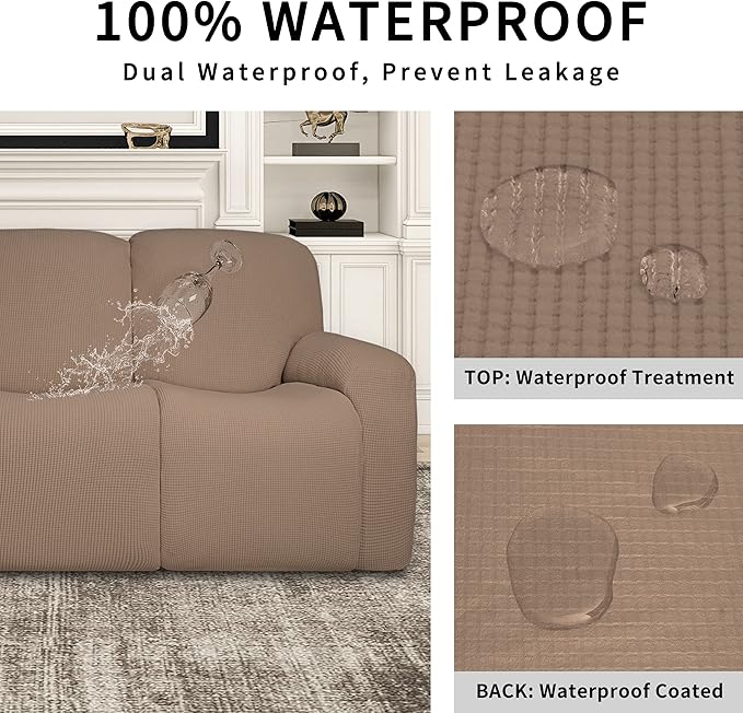 Easy-Going 100% Dual Waterproof Recliner Sofa Cover, 8-Pieces Stretch Relining Couch Cover with Pocket, Jacquard 3 Seat Sofa Slipcover Leakproof Washable (Sofa, Camel)