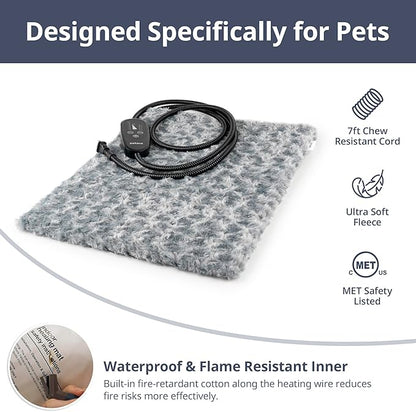 Adjustable Temperature Heated Cat Bed & Dog Heating Pad with Timer, Chew-Resistant Cord, Thick and Soft Cover, Indoor Pet Heating Pad, 27.5" x 15.7"