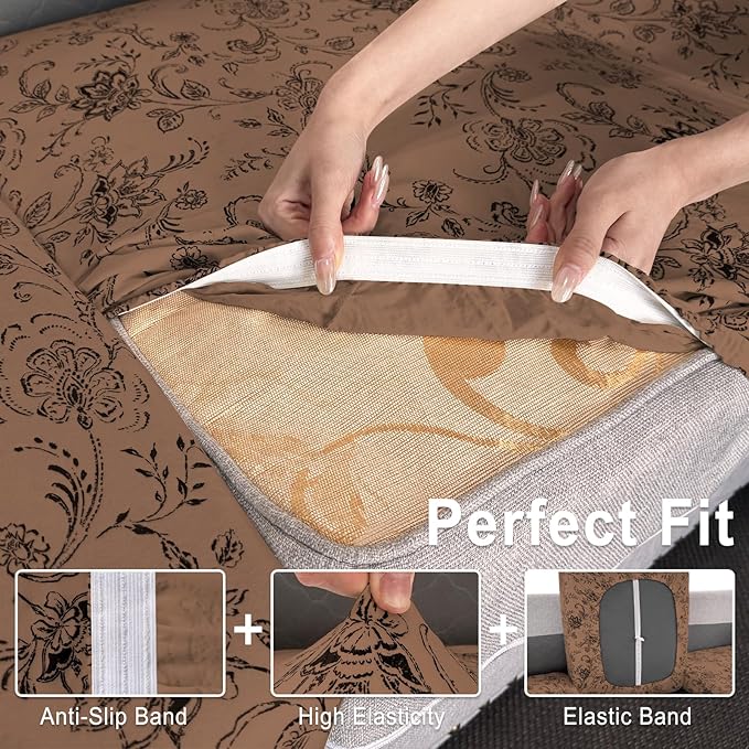 ANARACHON Leather Look Couch Cushion Covers Sofa Seat Slipcovers Sets Couches Furniture Protector for Sectional Armchair Loveseat Pets Kids Stretch Spandex Fabric (3 Cushion Sofa, Brown 02Flower)