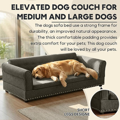 Elevated Dog Sofa for Medium to Large Dogs, Button Tufted Dog Couch Bed with Backrest and Armrests, Durable Memory Foam Pet Bed, Removable Cushion for Medium and Large Dogs, Dark Grey
