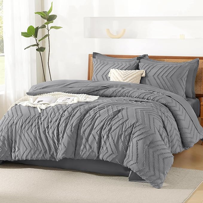 Litanika Full Size Comforter Set with Sheets Medium Gray - 7 Pieces Bed in a Bag Full Chevron Tufted Complete Bedding Sets with Comforter, Sheets, Pillowcases & Shams