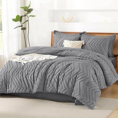 Litanika Full Size Comforter Set with Sheets Medium Gray - 7 Pieces Bed in a Bag Full Chevron Tufted Complete Bedding Sets with Comforter, Sheets, Pillowcases & Shams