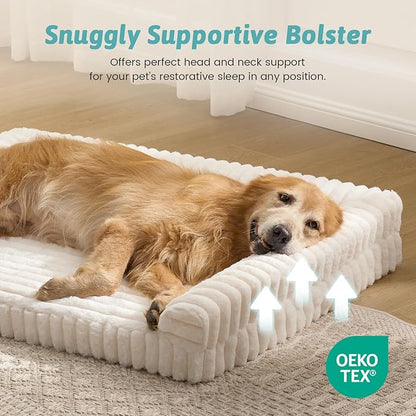 COZY KISS Cute Dog Bed for Extra Large Dogs, Faux Rabbit Fur Orthopedic Foam Dog Bed with Sides, Removable Washable Cover & Waterproof Lining, Comfortable Pet Couch, Cream (48" L x 35" W x 7.5" Th)