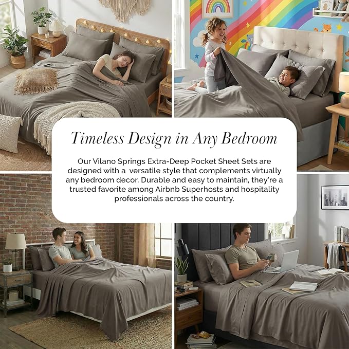 Southshore Fine Living, Inc. 6-Piece Cal King Sheet Set, 21-Inch California King Deep Pocket Sheets, 1 Deep Pocket Fitted Sheet, Pillow Cases 4 Pack, Taupe Pillow Covers, Dark Taupe Sheets