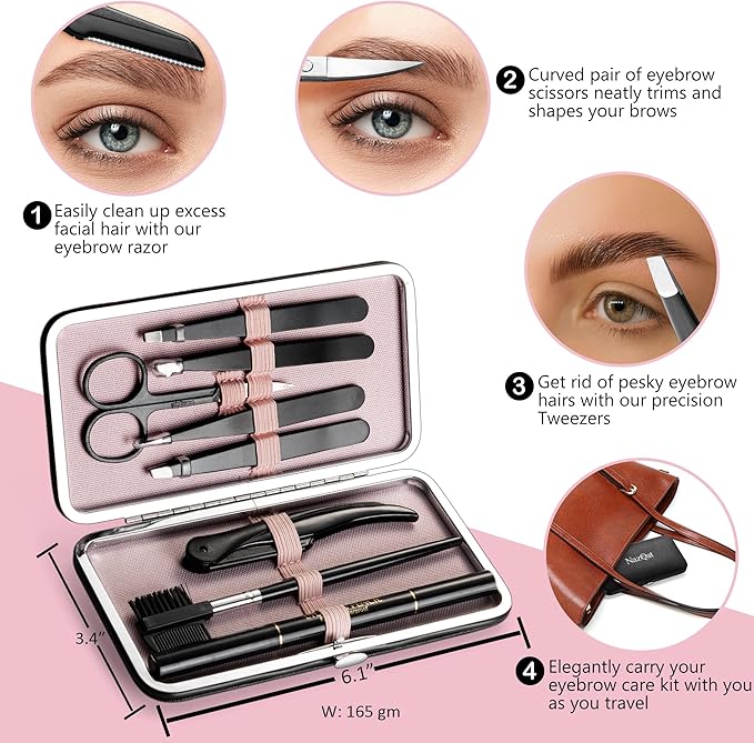 Exquisite 8-in-1 Eyebrow Kit for Women & Men – Luxury Eyebrow Grooming Kit with 4 Precision Tweezers For Eyebrows, Eyebrow Razor, Eyebrow Scissors, Eyebrow Brush/Comb & Pencil with Padded Case