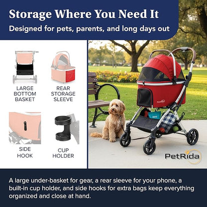 Luxury Pet Stroller with Detachable Carrier | Lightweight Design with Easy One-Hand Fold & Spacious Storage Basket | Safe & Comfortable Travel for a Small to Medium Dog or Cat, Red