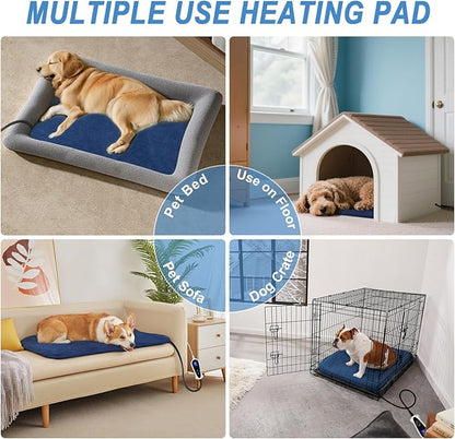 Bestio Dog Heating Pad,28×18 in Heated Dog Bed with Constant Heat & Auto Modes，MET&UL Certified Pet Heating Pad with Soothing Warmth,Chew-Resistant Cord,Waterproof Washable Cover- Blue