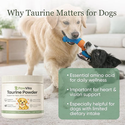 Pawvita Taurine Powder for Dogs, Pure Taurine Supplement, Supports Heart Health, Vision, Skin & Coat, Boosts Energy & Daily Wellness, Easy to Mix in Food, with Dosing Spoon, 200 Grams/ 7.05 oz