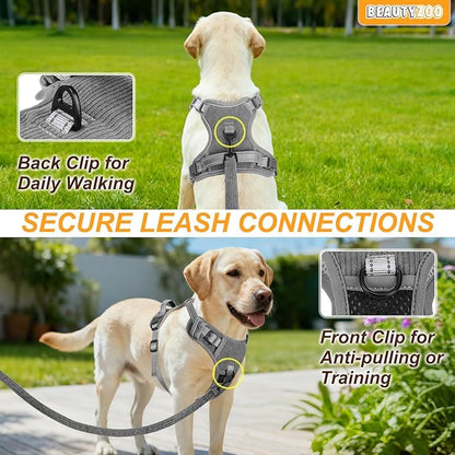 BEAUTYZOO No Pull Dog Harness Large, Adjustable Dog Harness and Leash Set -Easy Wearing with 3 Buckles/Control Handle,No Choke Soft Padded Reflective Pet Vest for Training Walking Hiking,Grey M