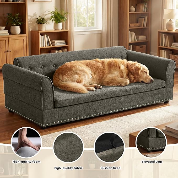 Elevated Dog Sofa for Medium to Large Dogs, Button Tufted Dog Couch Bed with Backrest and Armrests, Durable Memory Foam Pet Bed, Removable Cushion for Medium and Large Dogs, Dark Grey