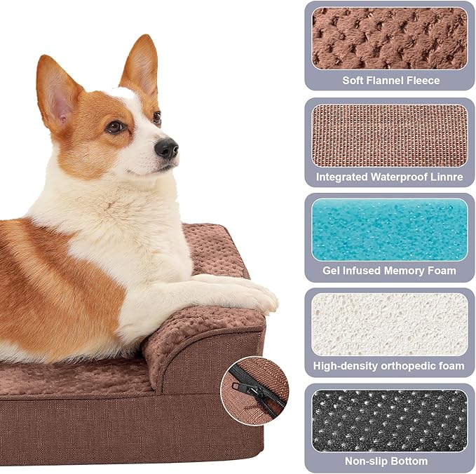 Rainmr Orthopedic Dog Beds for Large Dogs, Memory Foam Dog Beds Large Sized Dogs, Washable Removable Cover, Nonskid Bottom, Waterproof, for Indoor, Outdoor, Crate ＆ Car Use, 36x27x6 Inches, Brown Grey
