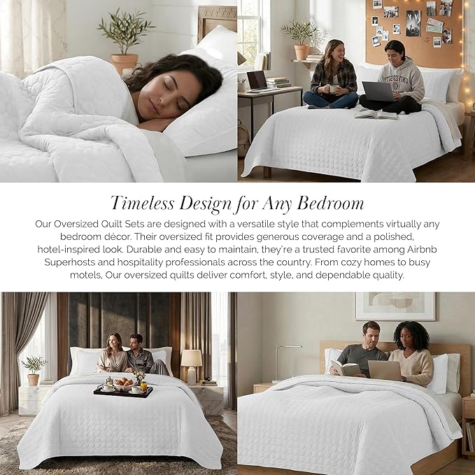 Southshore Fine Living, Inc. Twin XL Comforter Quilt Set, Dorm Room Bedding Essentials, Stain Resistant, Machine Washable Bed Spread, Twin XL White Quilt Bedspread Set w/Pillow Sham, Bright White