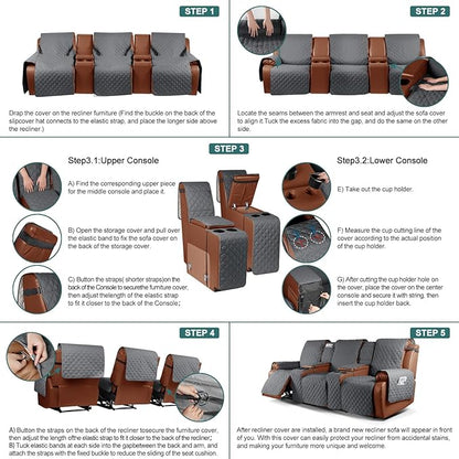 Ruaozz Waterproof Recliner Sofa Cover with Console Non-Slip Couch Covers for Reclining Couches Pet Cover for Double Recliner Sofa Cover with Elastic Straps for Kid Dogs Pets (Dark Grey, 3 Seater)