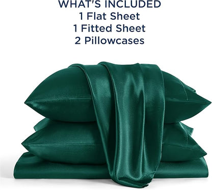 Bedsure Satin Sheets Full Size - 4 Piece Silky Bedsheets with 15 Inches Deep Pocket Fitted Bedsheet,1 Flat Sheet, 2 Satin Pillowcases, Good for Hair & Skin (Full, Dark Green)