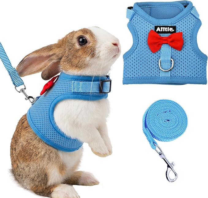 AIITLE Bunny Harness and Leash Set with Cute Bow, Soft Breathable Mesh Vest Harness for Rabbits Kitten Ferret Small Pig Puppy Walking Supplies Blue M