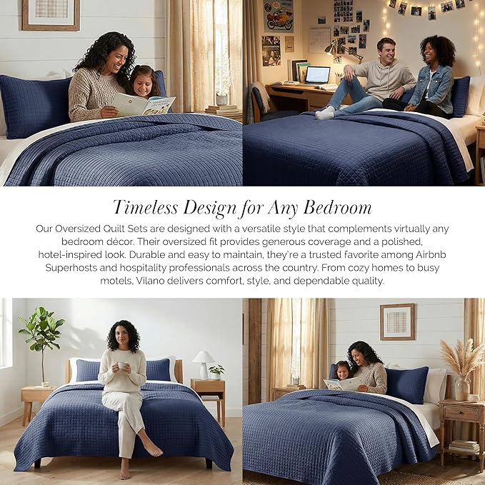Southshore Fine Living, Inc. Lightweight Quilt King Size Bedding Set, Pet Hair Resistant Bedding Oversized King Size Quilt Coverlet Set w/2 Shams, Blue Coverlet Quilted Bedspread, Dark Blue Quilts