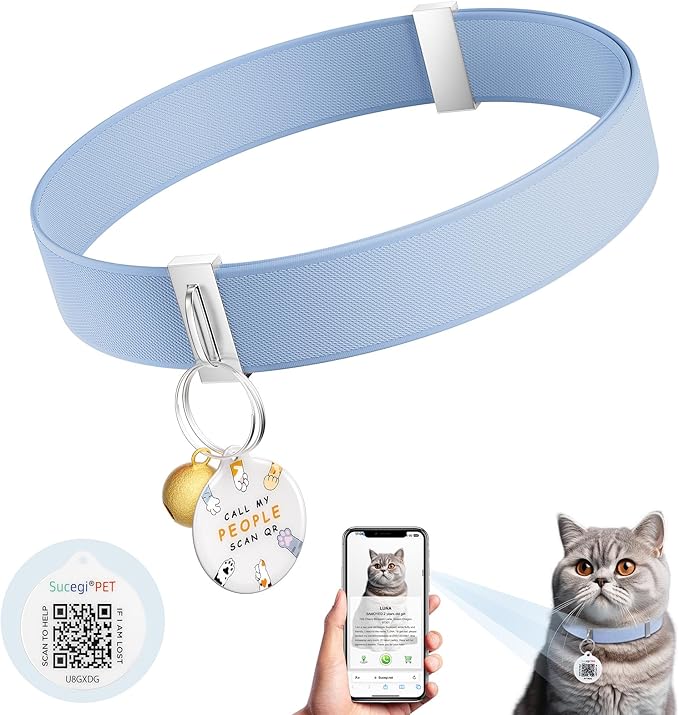 Safety Cat Collar with Bell, Stretch Elastic Quick Release, Non Breakaway Lightweight for Kitten and Small Large Cat, Pocket, Sky Blue