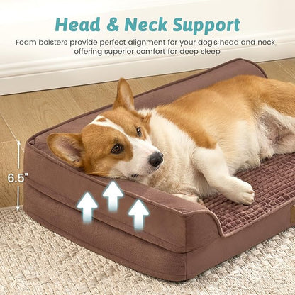 COZY KISS Orthopedic Dog Bed for Medium Small Size Dog, Dogs Crate Bed, L Shaped Foam Anti-Slip Bottom Pet Cat Sofa with Washable Removable Cover, Suitable for Pet Up to 40 lbs, 30x20x7.5 inch, Brown