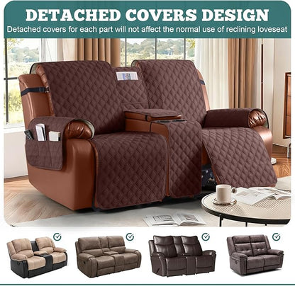Ruaozz Waterproof Loveseat Recliner Cover with Console Non-Slip Reclining Couch Covers Split Sofa Slipcovers with Elastic Straps Furniture Protector for Kids, Dogs, Pets (Coffee, 2 Seater)