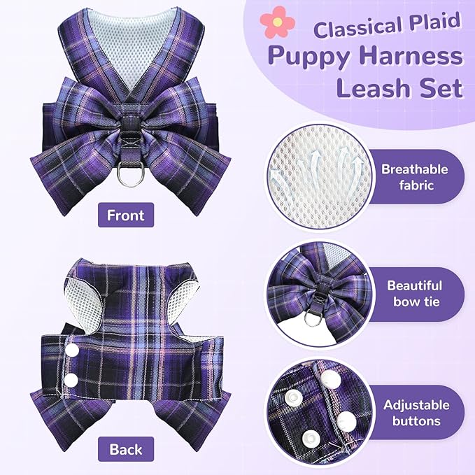 Cute Dog Harness and Leash Set with Bow Tie Soft Mesh Plaid Girl Puppy Harness No Pull Pet Cat Dog Vest Harness for Small Dogs Chihuahua Rabbit Outfit (Purple,M)