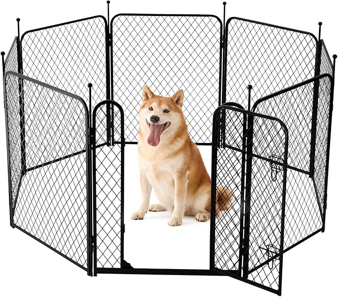 ZOMISIA Paw Safe Dog Playpen for Indoor, 32 Inch 8 Panels Anti-pinch Diamond Mesh Dog Fence for Small Medium Dogs, Metal Stable Dog Play Pen with Door, Portable Pet Playpen for Outdoor RV Camping Yard