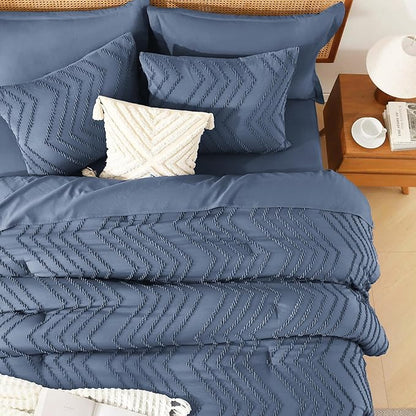 Litanika Full Size Comforter Set with Sheets Ocean Blue - 7 Pieces Bed in a Bag Full Chevron Tufted Complete Bedding Sets with Comforter, Sheets, Pillowcases & Shams