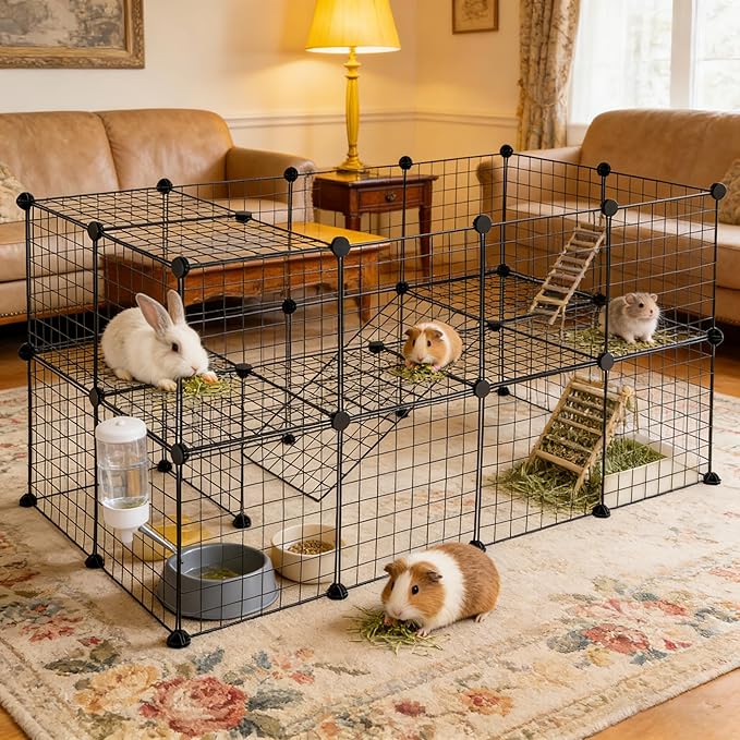 36 Panels Small Animals Playpen, Portable DIY Pet Playpen with Metal Enclosure Cage for Guinea Pig, Rabbit, Bunny, Chicken, Hedgehogs, Puppy, Hamster, Two-Story Playpen Indoor Outdoor