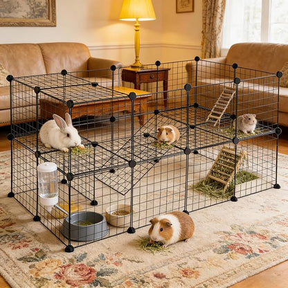 36 Panels Small Animals Playpen, Portable DIY Pet Playpen with Metal Enclosure Cage for Guinea Pig, Rabbit, Bunny, Chicken, Hedgehogs, Puppy, Hamster, Two-Story Playpen Indoor Outdoor