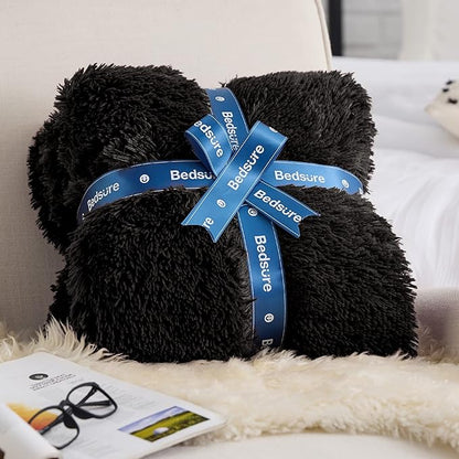 Bedsure GentleSoft Fuzzy Sherpa Faux Fur Twin Blanket Black Cozy Gifts for Women Men, Soft Fleece Plush Warm Minky Thick Blanket Twin Size for Bed, Couch, Dorm Essentials Black Decor Gifts, 60x80