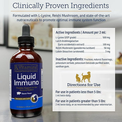 Rx Vitamins Liquid Immuno Dog & Cat Immune Support - Reishi Mushroom Supplement for Dogs & Cats Plus L-Lysine - Ideal Eye Supplements, Immunity Booster Supplements for Pets - 4 oz
