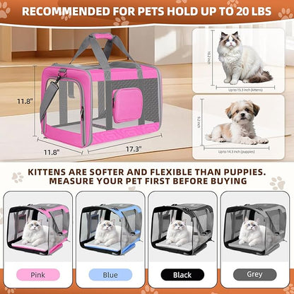 Cat Carrier for Large Cats up to 20 Lbs,Soft-Sided Pet Carrier for Large and Medium Cats, Small Dogs,Puppies,Collapsible Dog Carrier Travel Bag with 2 Storage Bags,4 Mesh Windows (Pink, Medium)