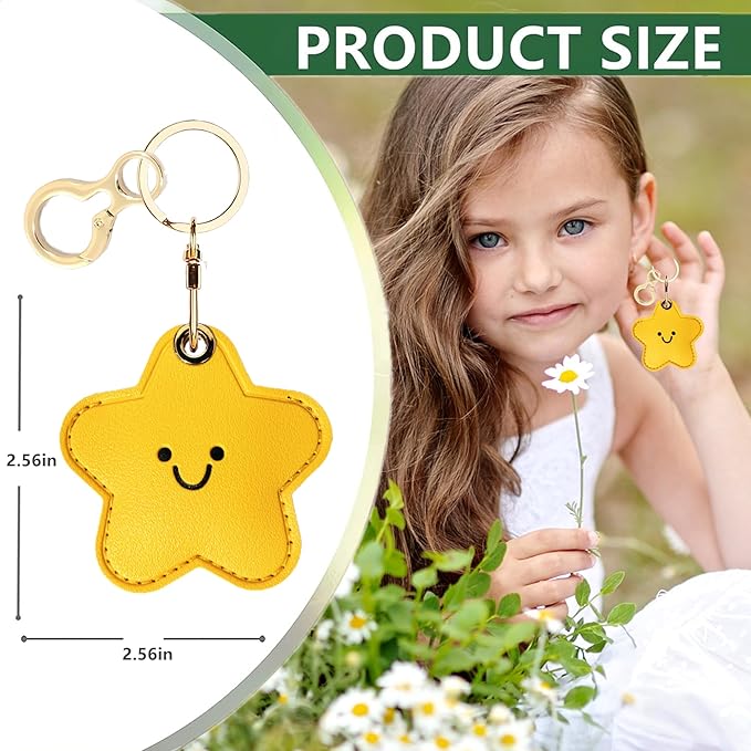 Leather Keychain Holder Case Compatible with AirTag,Cute Protective Cover with Keyring,Anti-Scratch Finder GPS Tracker Case for Wallet Keys,Bag,Pets,Backpack(Yellow Star)