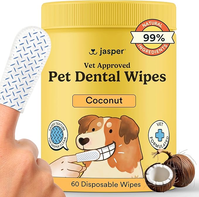 Jasper Dog Dental Wipes, Vet-Recommended Natural Cat & Dog Teeth Cleaning Wipes Dog Teeth Cleaner, Disposable Wipes Fresh Breath PlaqLift Technology Attacks Plaque and Buildup, Coconut, 60 Count