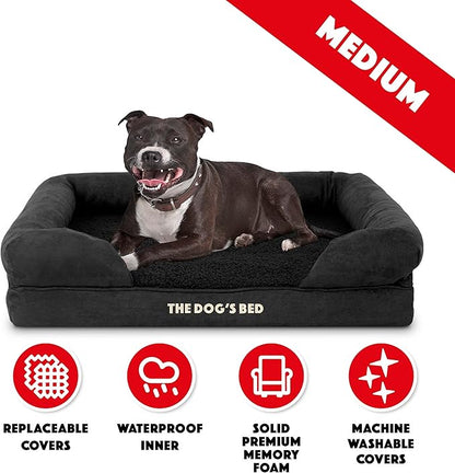 The Dog’s Bed Orthopedic Memory Foam Dog Bed with Bolsters for Medium Dogs, Waterproof Washable Cover, Anti-Slip Base, Calming Surface – CertiPUR-Certified Foam, Plush Fabric, Black Plush, Medium