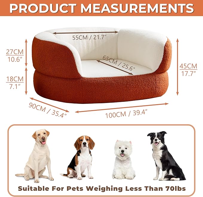 39.4" Orange Large Dog Couch Bed for Large Dogs Under 80lbs, Semi-Wrapped Round Faux Shearling Elevated Dog Sofa Chair, No Assembly Required Luxurious Indoor Furniture Style Pet Supplies