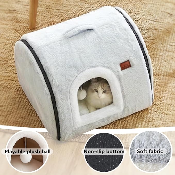cat Bed cave-cat beds for Indoor Cats,Soft and Comfortable Cute Pet Bed，cat House,with Removable Washable Cushioned Pillow,Enclosed cat Bed,Kitty pet hut、Hideaway,Small Large Dog Tent (Grey)