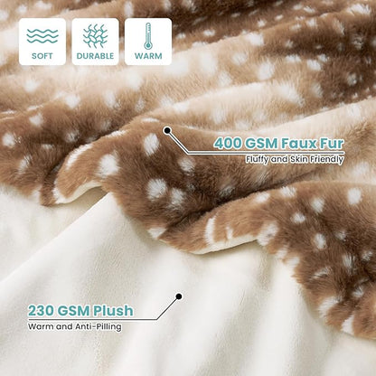 COZY KISS Waterproof Pet Blanket, Christmas Faux Fur Deer Print Blanket, Woman Sofa Bed Couch Throw, Liquid Pee Proof for Large Dog or Cat, Reversible, Washable, Ultra Soft, 40x60 inch, Brown