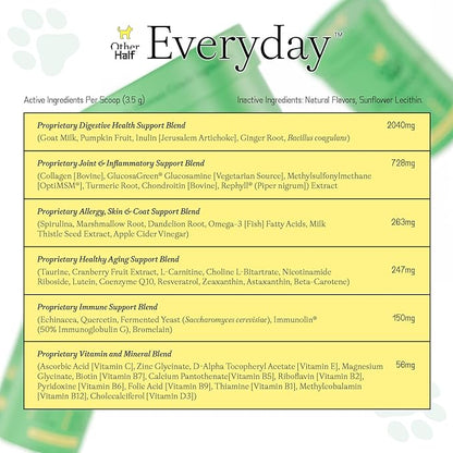Other Half Everyday - Dog Multivitamin Supplement - Daily Joint, Gut, Allergy, Immune, Urinary Tract Support, Skin, Coat & More - Glucosamine, Chondroitin, Omega 3 & Probiotics | 45 Active Ingredients