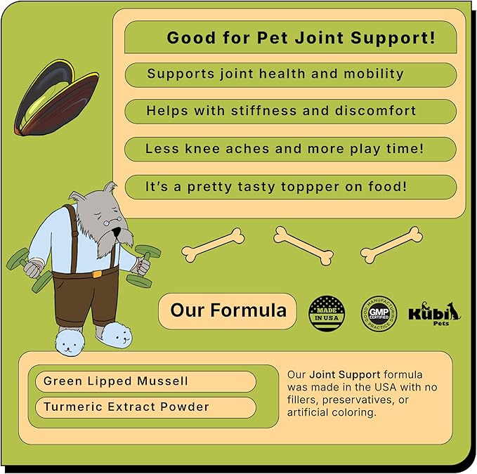 Joint Support with Green Lipped Mussel & Turmeric – Hip & Joint Supplement for Dogs & Cats, 175g (350 Servings) Kubi Pets