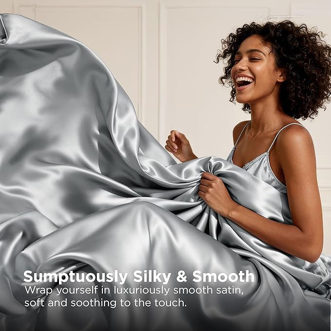 Bedsure Satin Sheets Queen Size - 4 Piece Silky Bedsheets with Elastic Corner Straps and 15 Inches Deep Pocket Fitted Bedsheet,1 Flat Sheet, 2 Satin Pillowcases, Good for Hair &Skin(Queen,Silver Grey)