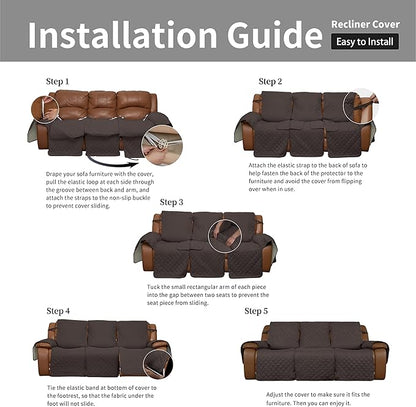 Easy-Going Recliner Sofa Cover, Reversible Couch Cover for 3 Seat Recliner, Split Sofa Cover for Each Seat, Furniture Protector with Elastic Straps for Dogs, Pets(3 Seater, Chocolate/Beige)